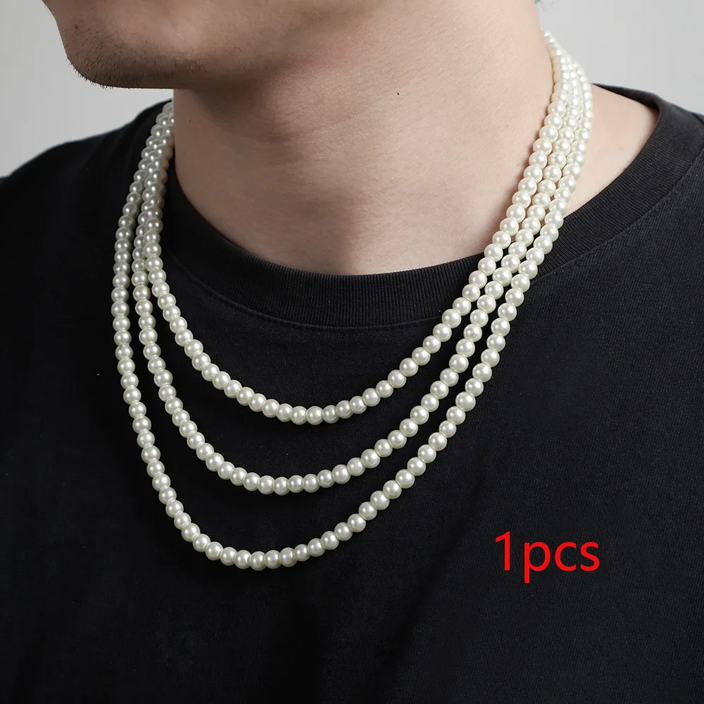 Hot Selling Men ABS Pearl Beaded Necklace Jewelry European Hip Hop Stackable 6mm 8mm 10mm Round Pearl Choker Necklaces for Men
