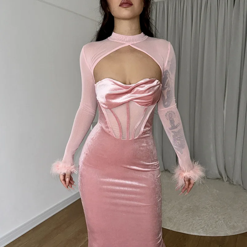 2024 spring solid turtle neck long sleeve fur trim openwork bodycon dress for women elegant