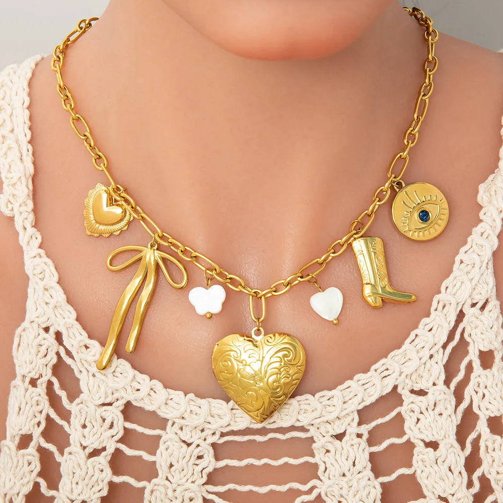 Vintage 14k Gold Plated Big Bow Knot  Pendant Necklace Stainless Steel No Fade Evil Eyes Hollow Heart Charms Pendant Necklace