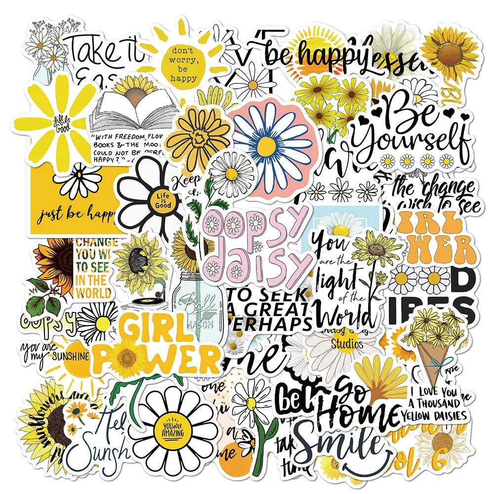 50pcs/bag Daisy flowers with Inspirational Words in English stickers alphabet Waterproof PVC Vinyl Removable Stickers for kids