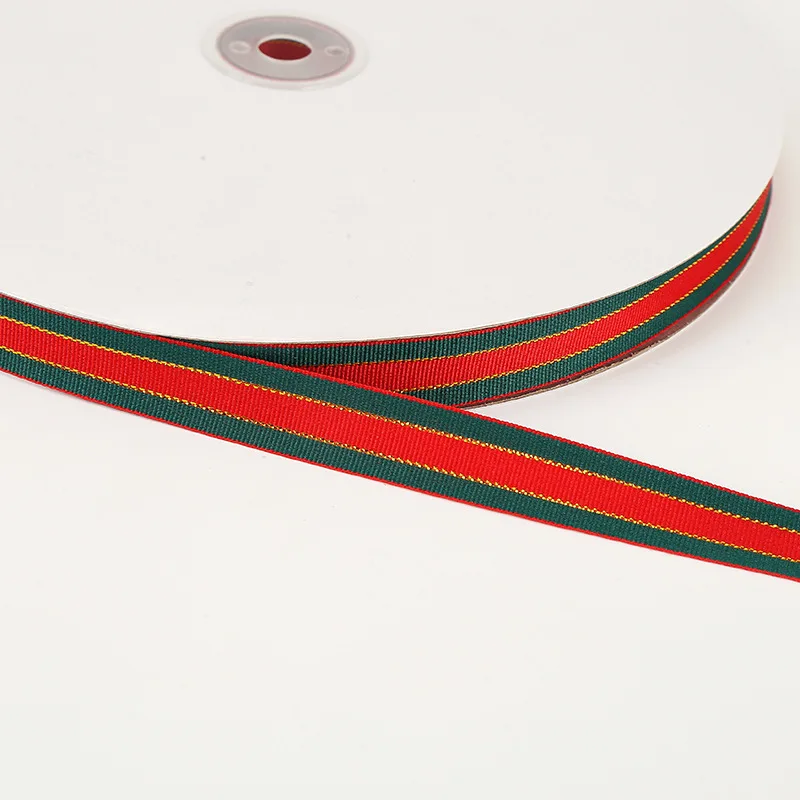 Factory Direct New Year & Christmas 100% Polyester Satin Ribbon Red & Green Stripes with Flowers for Personalised Gifts