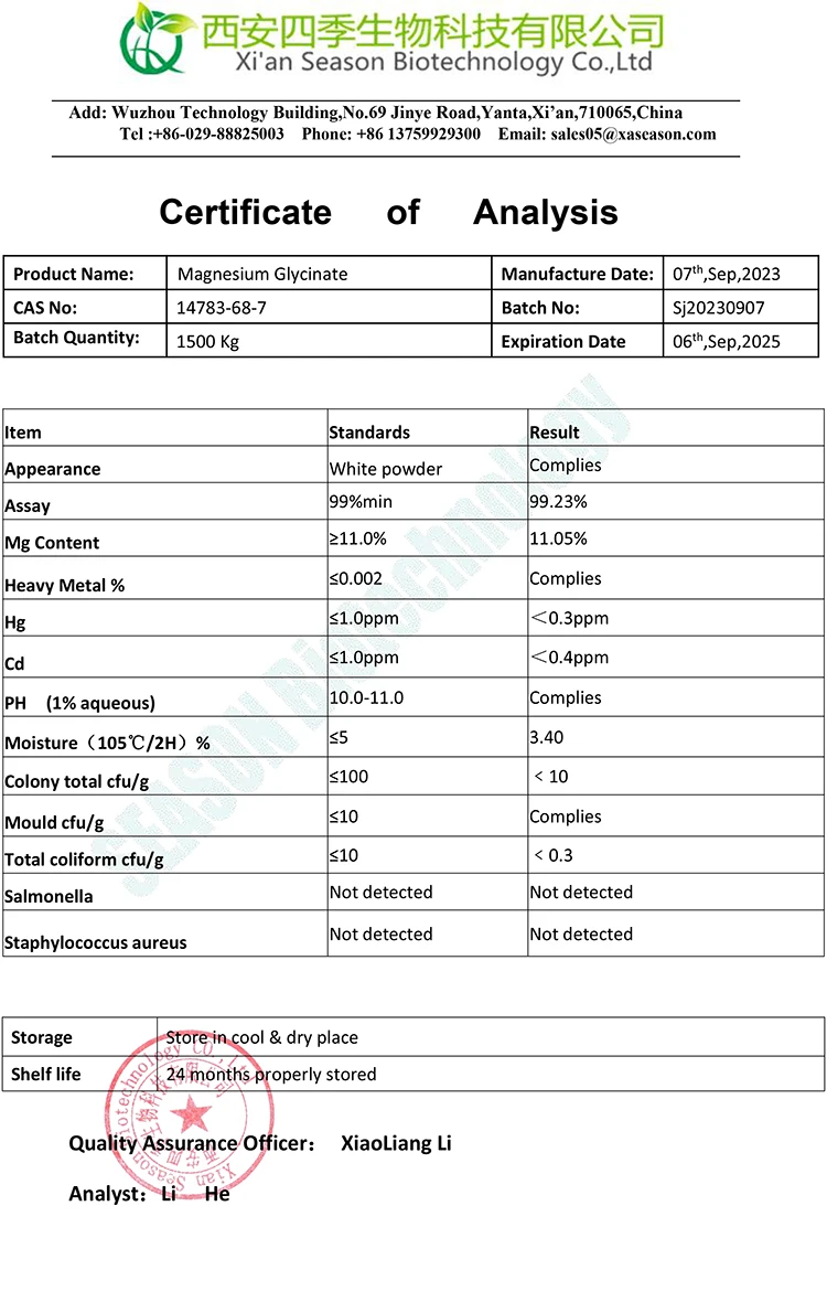 Favorable Price Food Additives 99% Magnesium Glycinate 400mg