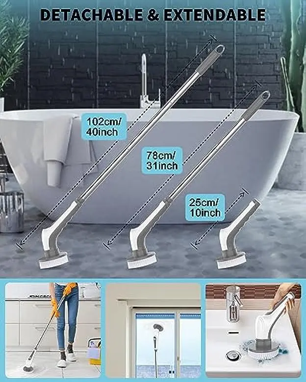 Electric Spin Scrubber, Cordless Power Floor Scrubbing Brush with 6 Replaceable Cleaning Brush Heads with Power Display