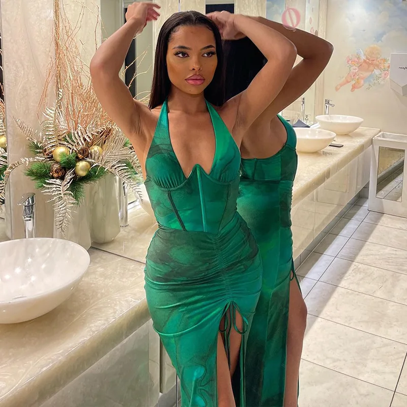 European and American style sexy slim dress V-neck hanging neck split middle length skirt drawcord printed dress