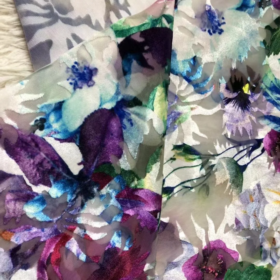 Textile hot sale paper printed soft feel floral stretch burn-out printed velour fabric for skirts costumes