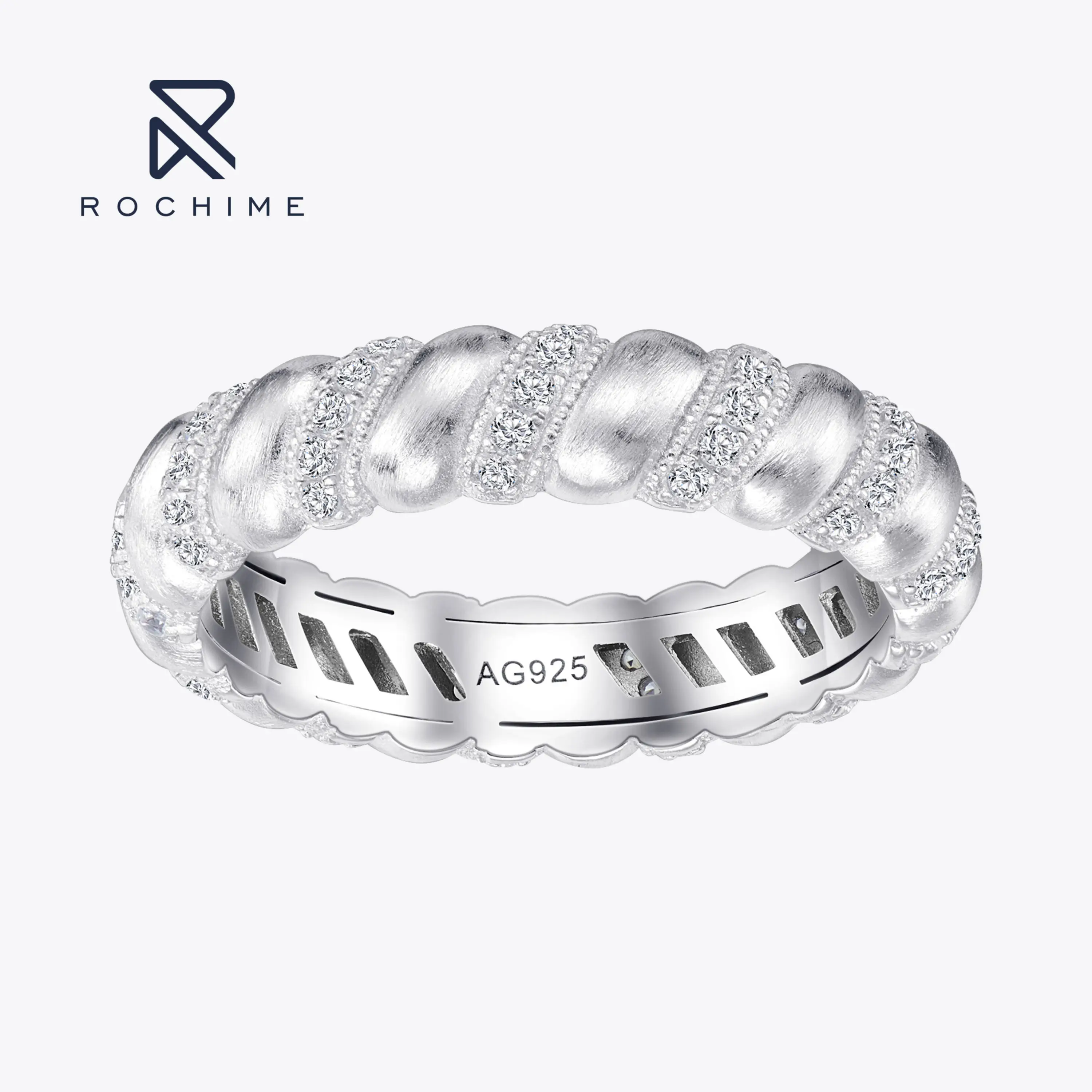 Rochime Vintage Wire drawing  twined diamond band ring 925 silver high jewelry zircon gemstone women ring