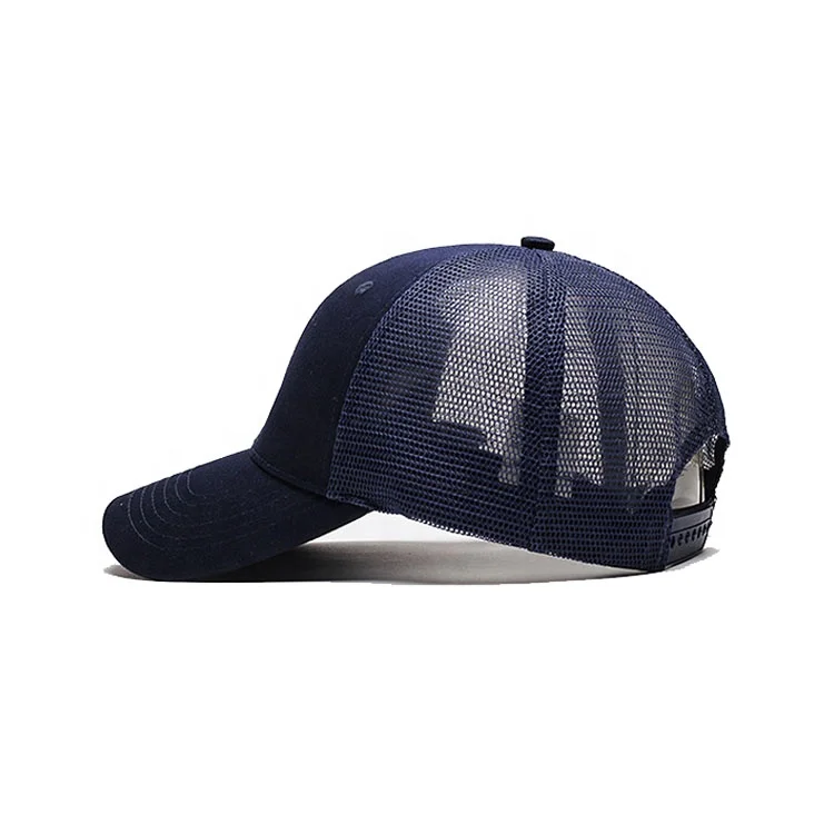 Oem custom navy blue gorras 6 panel mesh back cotton plain trucker cap
