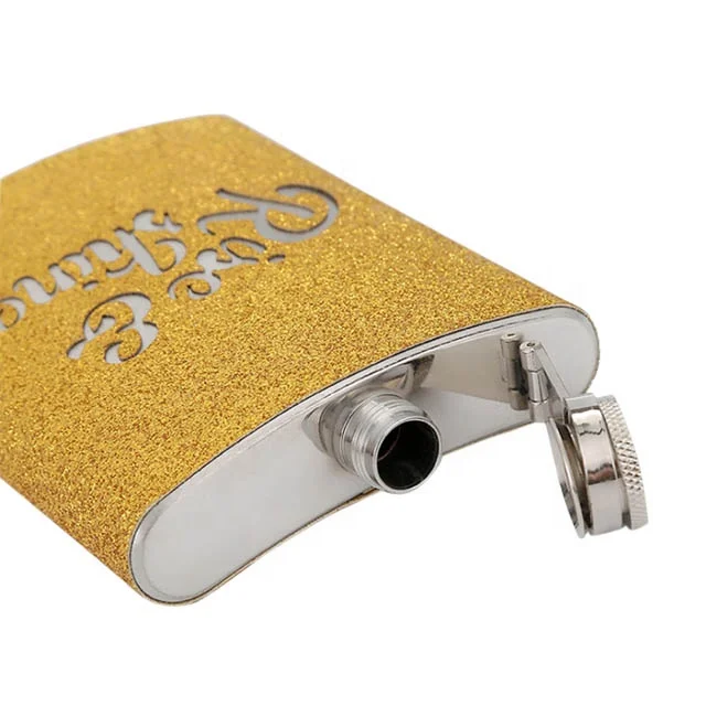 7oz stainless steel pink leather pouch glitter hip flask