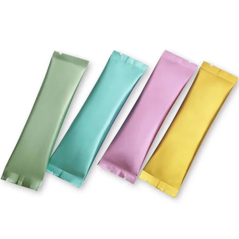 Multi color pure aluminum foil heat sealable preformed food grade mini individual stick sachet bag for powder packaging