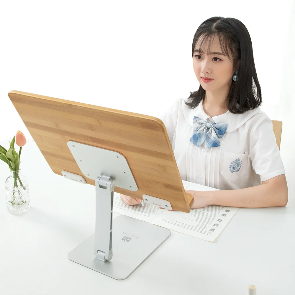 New Style Multifunctional Reading Writing Use Aluminum Alloy Bracket Bamboo Wooden Lifting Desktop Book Reading Stand Holder