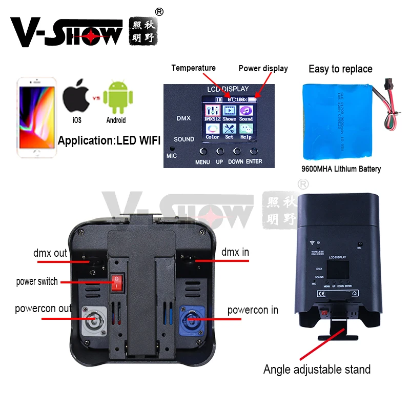 VSHOW WBRF0606 6pcs with case Uplight 6x18w DMX led Par battery rgbwaUV 6 in1 led par can IR remote  Wireless Battery Par Light