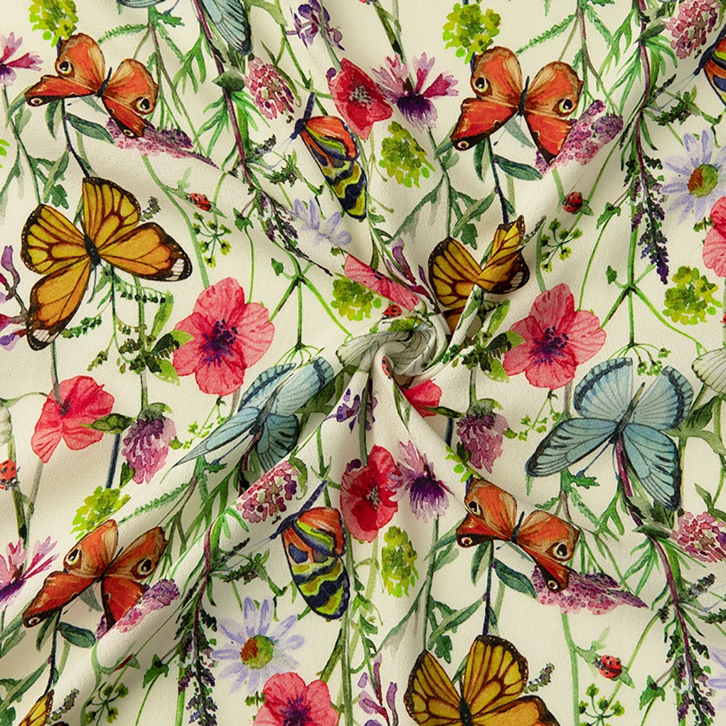 Digital Printed Botanical Watercolor Butterfly Pattern 55% Viscose 45% Rayon Challis Crepe Fabric for Women