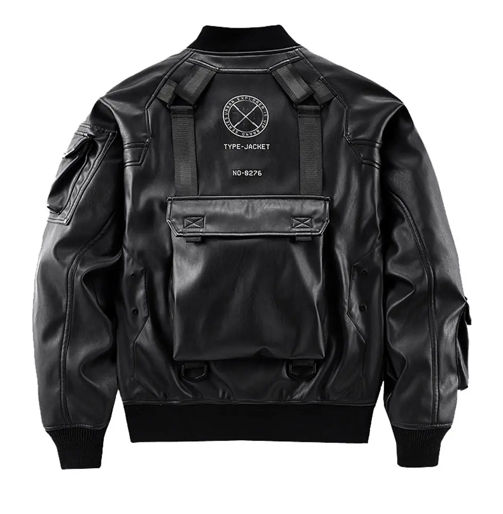 cropped oversized black leather custom varsity jacket Multi Pockets Jacket PU Leather Zipper stylish leather jacket for men