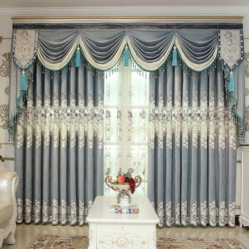 Langsir Tingkap Black out European Style Elegant Home Royal Blue Embroidered Luxury Curtains For The Living Room With Valance