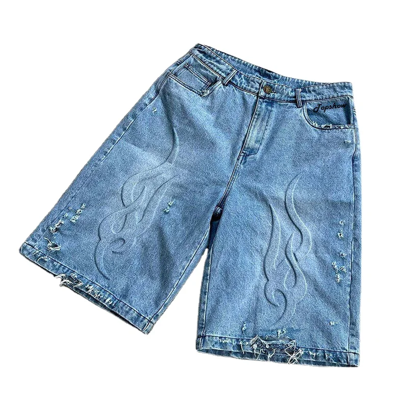 Custom Retro Wash High Quality Heavy Weight Paint Splatters Jeans Shorts 3D Embossing Logo Raw Hem Cut Edge Denim Shorts For Men