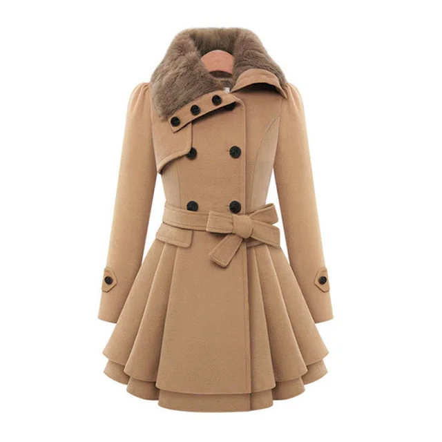 2021 Drop Shipping New design Plus Size Winter Faux Fur Collar Double-Breasted Slim Lace Luxury Fabric Wool Woman Coat