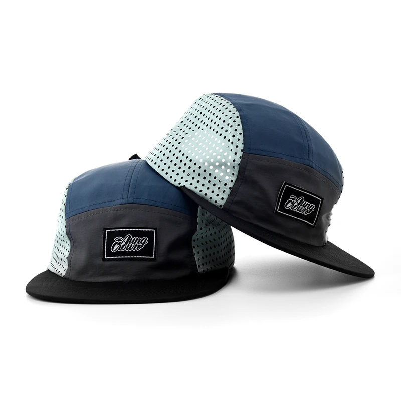 Custom Polyester/Nylon Waterproof Perforated Running Hats Laser Cut Hole Mesh Sports Caps Duckbill 5 Panel Camp Cap