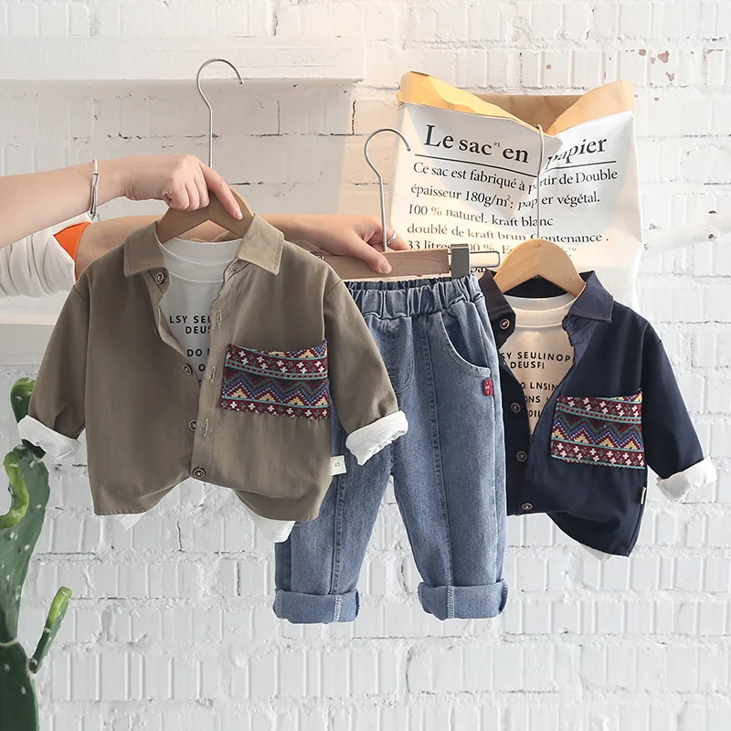 Spring Long Sleeve Cotton Set For Boys 3 Piece Bohemia Pocket Shirt+Letter Printed Top+Full Length Denim Jeans Baby Boy Outfit