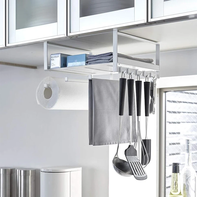 With hook steel unique cupboard Hanging Basket Shelves Under Rag Roll paper organization holder Kitchen utensils storage rack