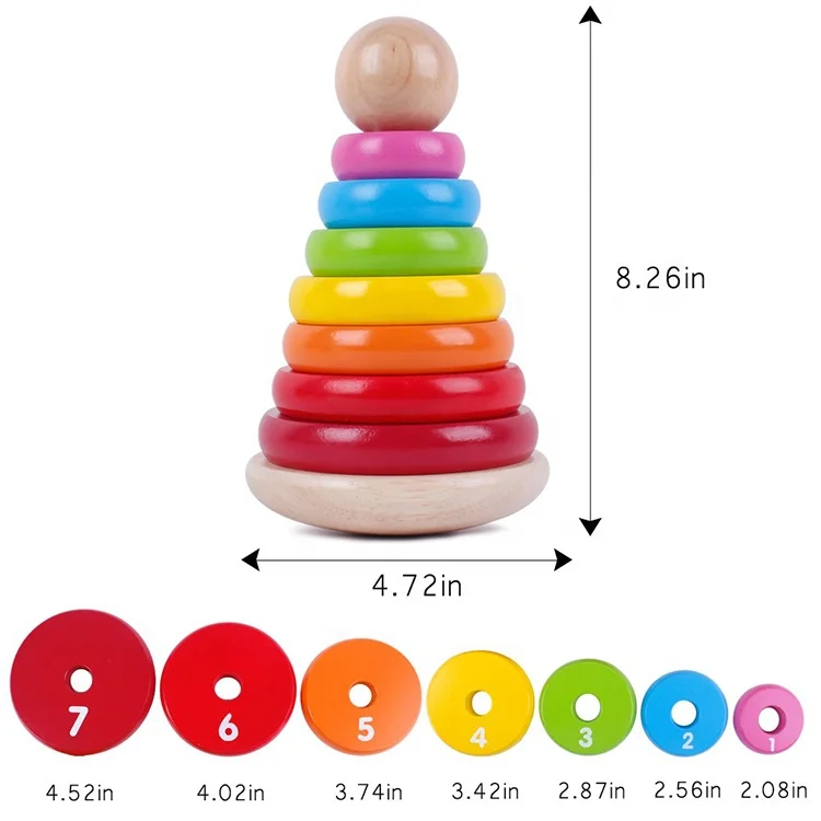 Educational Wooden Intelligent  Rainbow Nesting Wooden Blocks Stacker Rings Hanoi of tower Montessori New Toys For Kids
