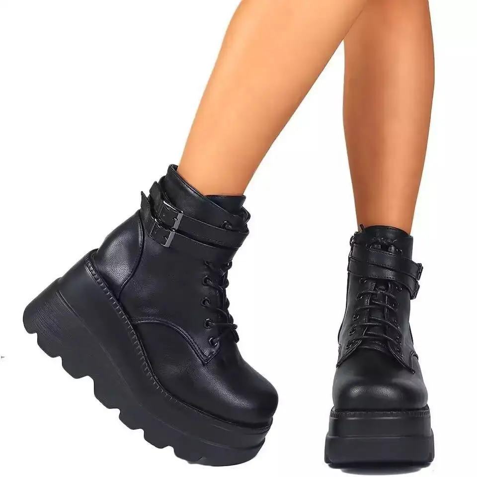 2022 amazon best selling  European America women lace up booties wedge heels Chunky platform increased insole women Ankle Boots