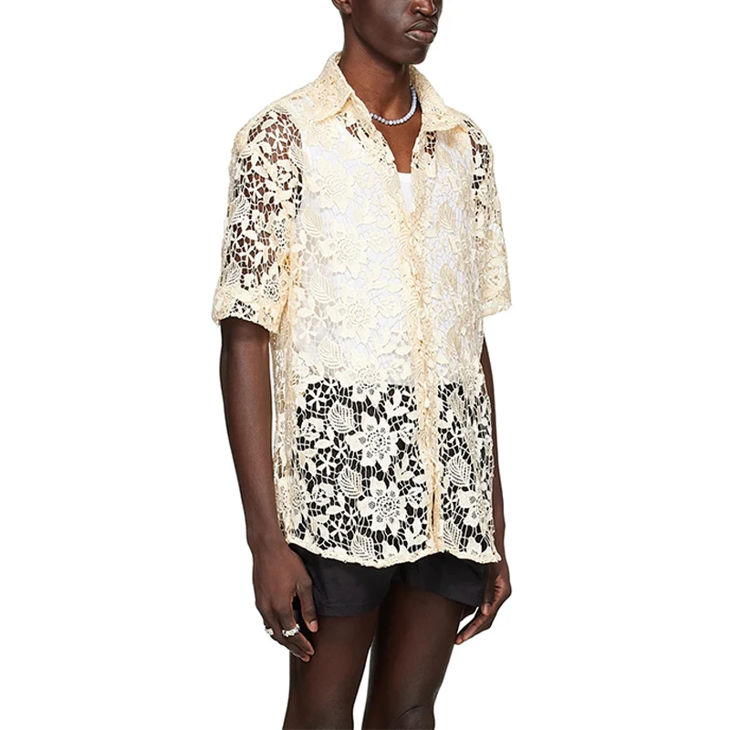 Button Hollow Out Lace Shirt Fashion High Quality Square Collar Short Sleeve Custom Men Beige Yellow Summer Flannel Fabric
