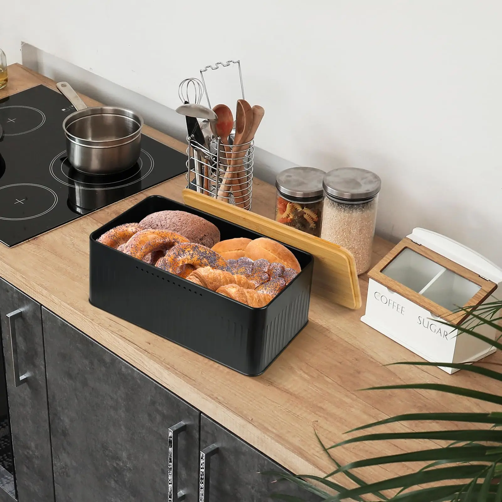 Kitchen Canisters Jars Tins Bread Bin Box Storage Canister With Bamboo Lids