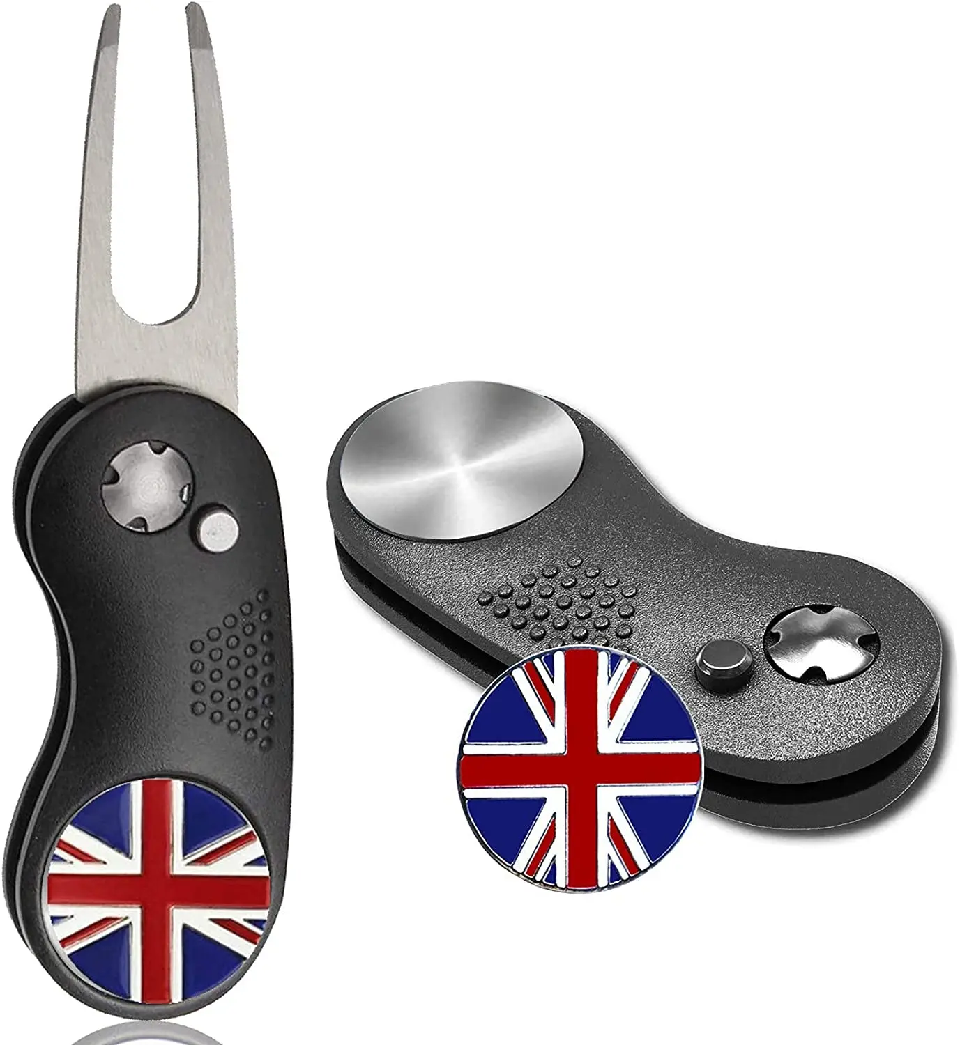 Switchblade Foldable Metal Magnetic Golf Divot Repair Tool with UK flag Ball Marker