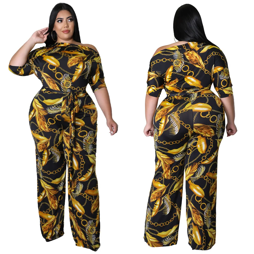 Plus Size Jumpsuit Trousers Womens Summer Half Sleeve Large African Clothes Sashes Print Off-Shoulder Fat Woman Jumpsuit 2024