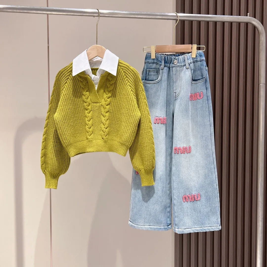 2024 autumn winter toddler girls clothing fashion sweater top match denim pants casual two piece clothing for girls