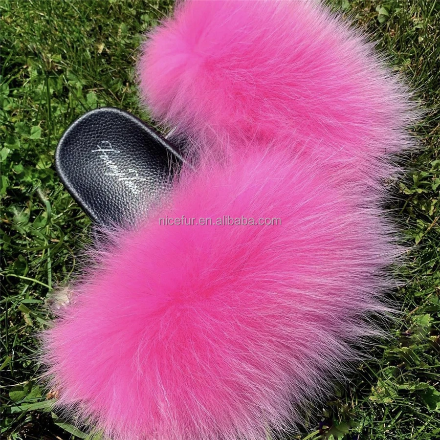 Quick Shipping Flush Raccoon Slippers Outdoor Fur Sandals Slider Slippers Wholesale Real Fur Slippers Fox Fur Slides For Women