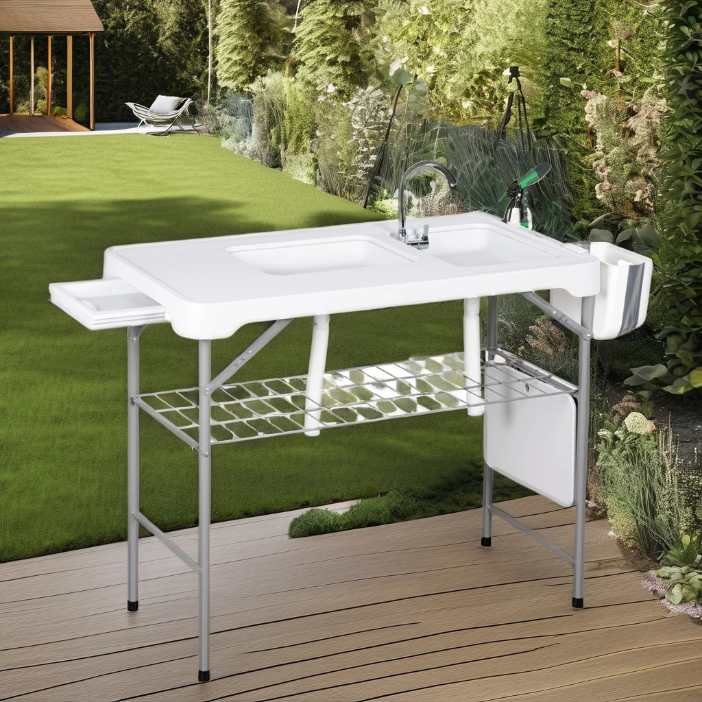 Outdoor Dining White Plastic Folding Table Fish Cleaning Station with Sink