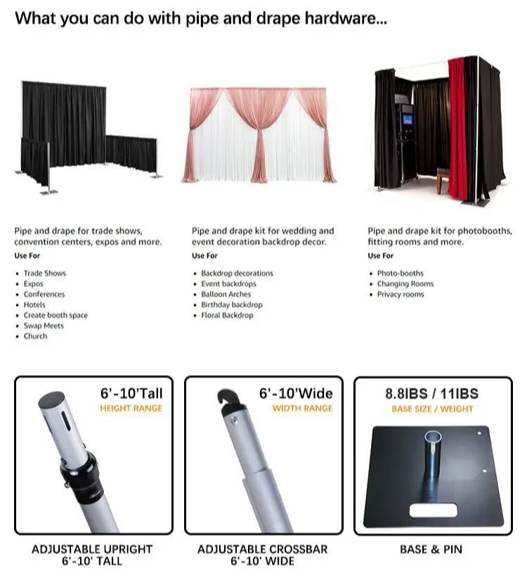 Pipe and Drape 6ft-20ft Adjustable BackDrop Curtain Wall Kit Dressing Room Trade Shows Weddings Displays Conventions