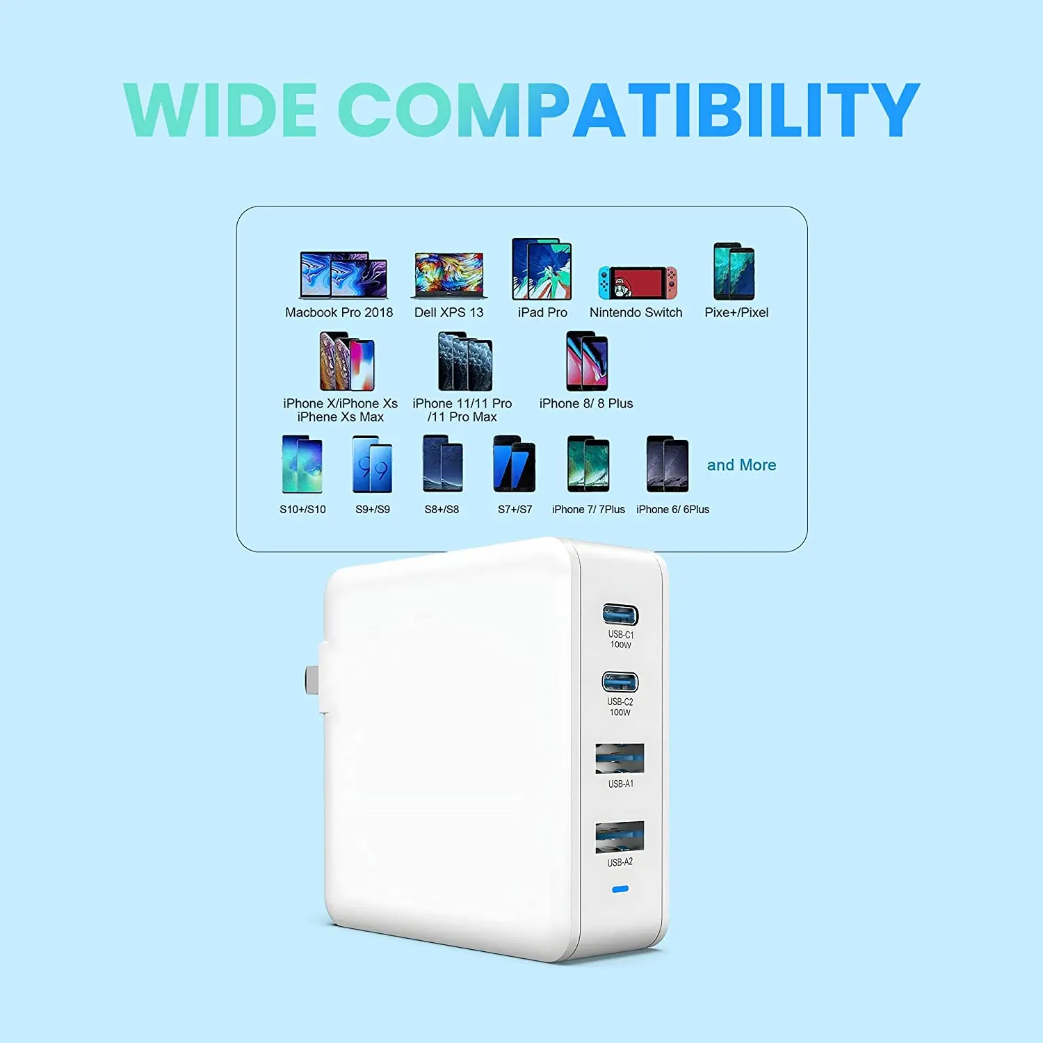 100W USB C Fast Charge 4-Port GaN Laptop Charging Plug, Type C and Type A PD Wall Power Adapter Compatible with MacBook