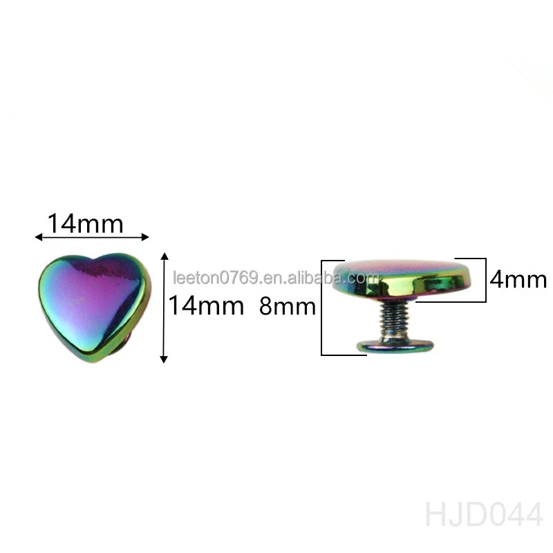 Stock supply high quality 14mm heart shaped rainbow metal bag rivets