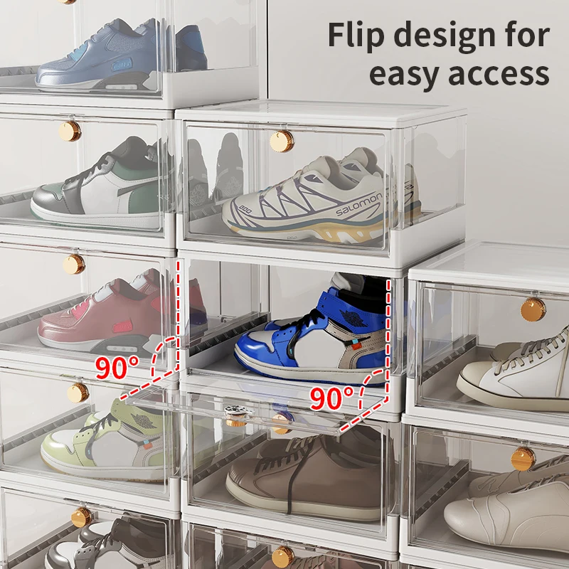 Transparent Stackable Shoe Storage Bins Foldable Sneakers Organizer Boxes Drop Front Plastic Shoe Organizer