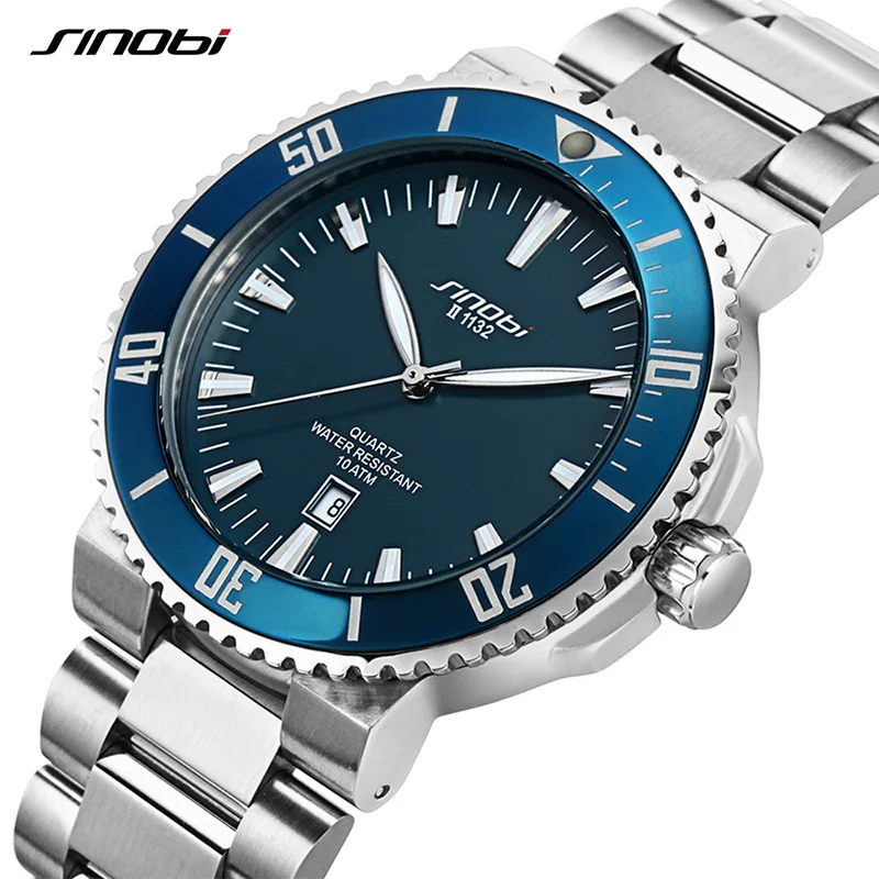 SINOBI Men Quartz Watch  Stainless Steel Watchband Luminous Pointer Analog Chronograph Calendar Wrist Watch Sports Men Watch