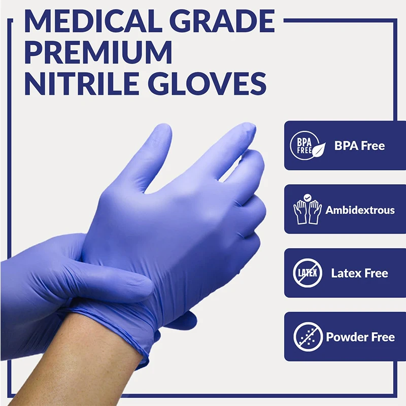 Custom Logo 100Pcs Medical Grade Disposable Blue Nitrile Exam Gloves Powder Free Latex Free