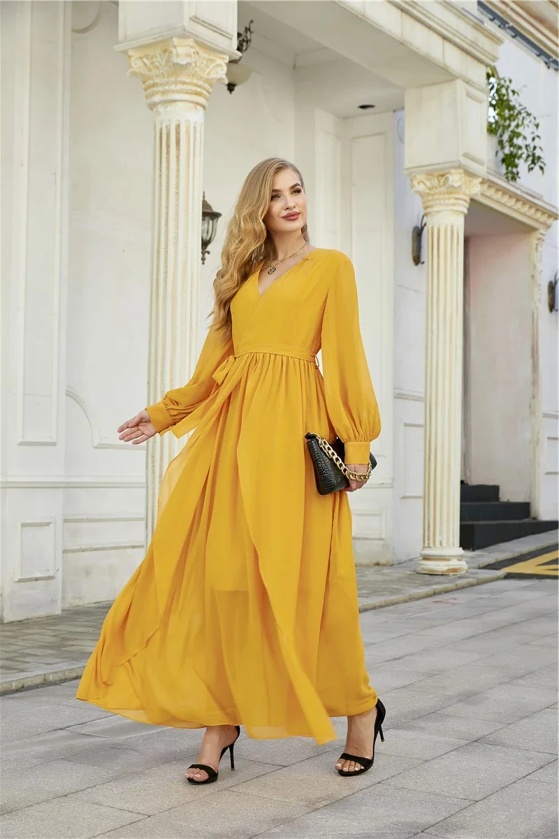2021 New Womans Fashion Lady Yellow Chiffon Ruffle Ladies Maxi Long Dress Women Elegant Summer occasion Casual Dresses