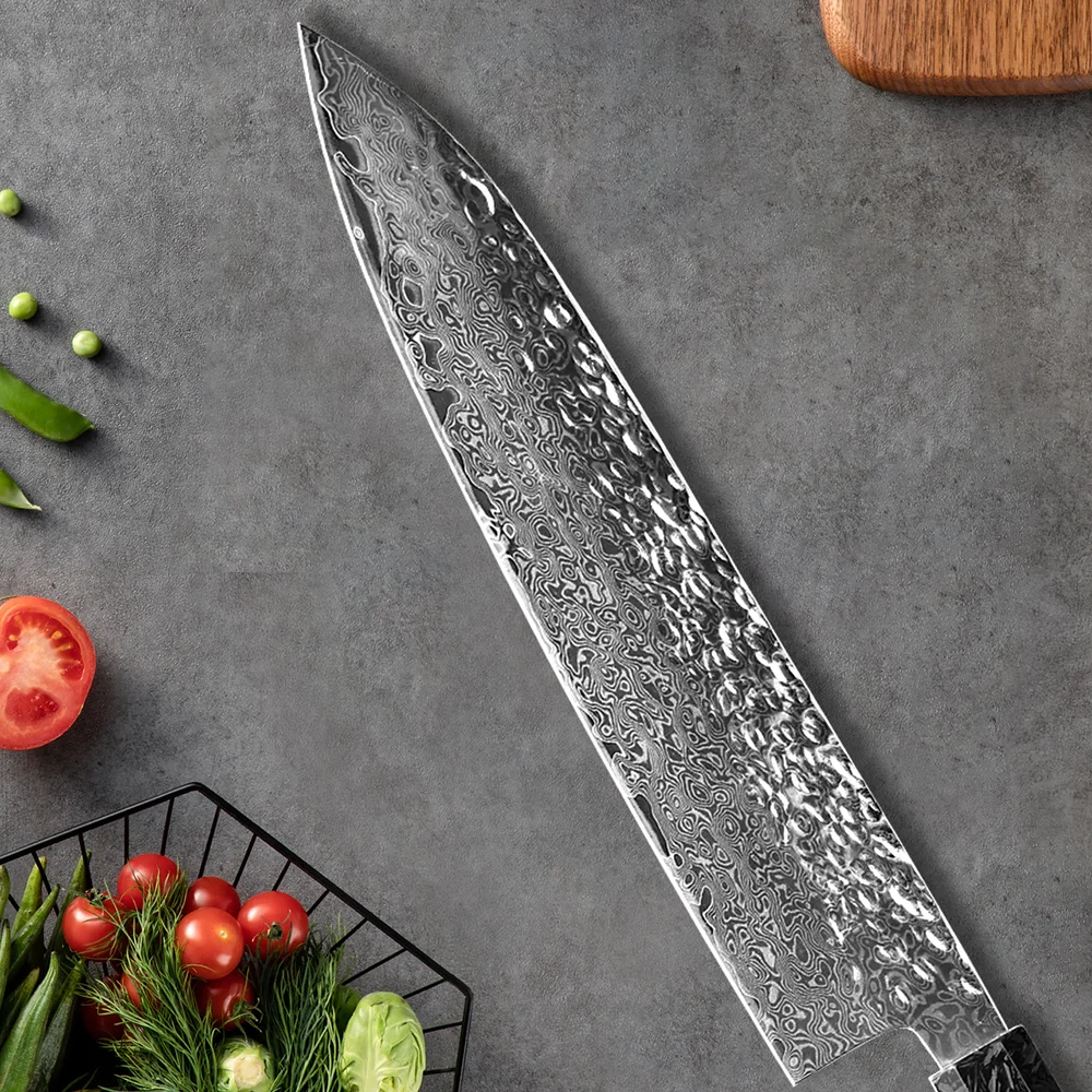 Elegant G10 Handle 9.5 inch Kitchen Sushi Knife Hammered Forged Slicing knife Japanese Damascus Steel Chef Knives