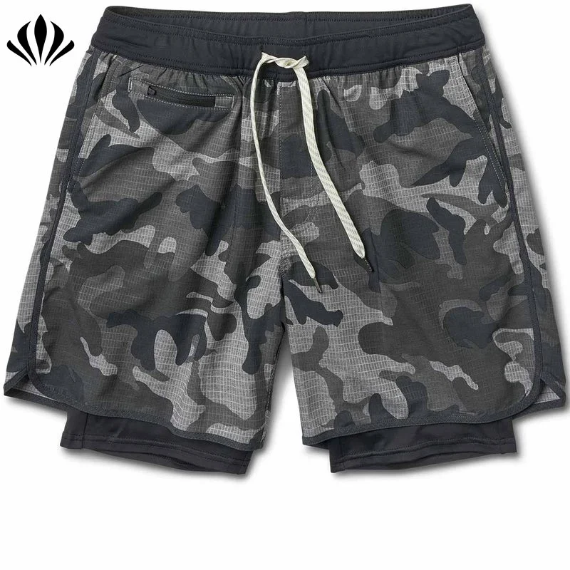 Wholesale mens casual sports wear mens  double layer training yoga running stockton camo shorts