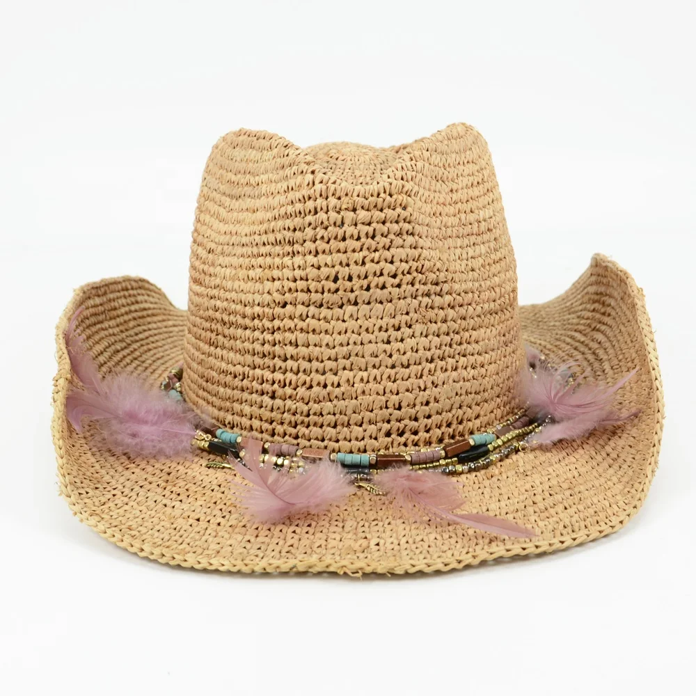 2023 Cowgirl Солнцезащитная шляпа из рафии для путешествий в национальном стиле соломенная шляпа для женщин с УФ-защитой и отделкой из перьев пляжная шляпа