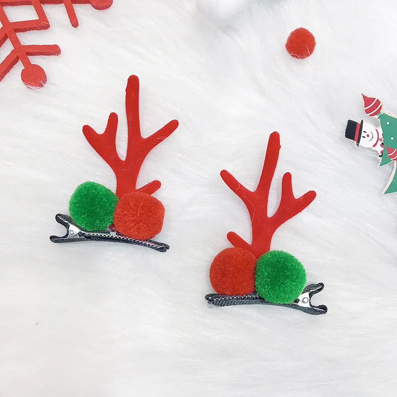 Christmas Super Cute Girl Three-color Small Antler Hair Clips And Headband With Red Green Hairballs