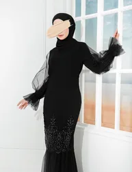 SIPO Premium Chiffon with Beads Lace Embroidery Design Solid Color Long Sleeves Half Net Fabric for Malaysia Muslim Baju Kurung