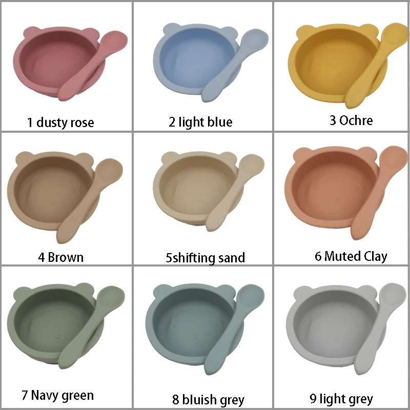 non-toxic non-spill strong suction BABI FOOD BOWL  set feeding bear shape silicone suction bowl with lid and spoon