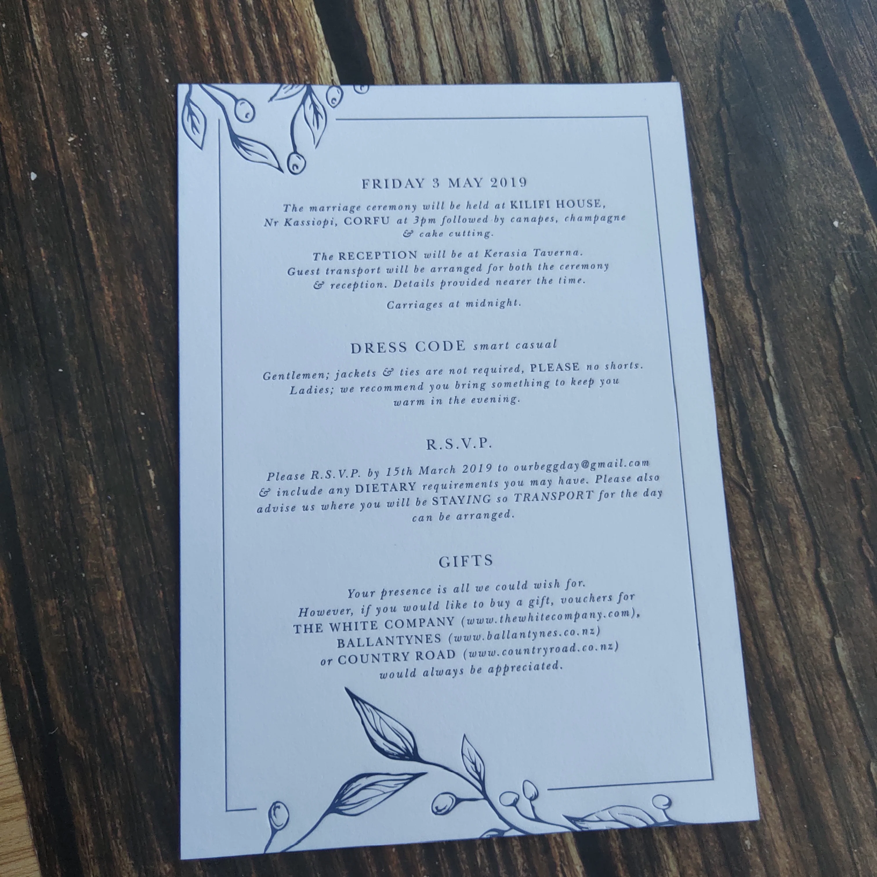 4" x 6" invitation requires rose gold stamp