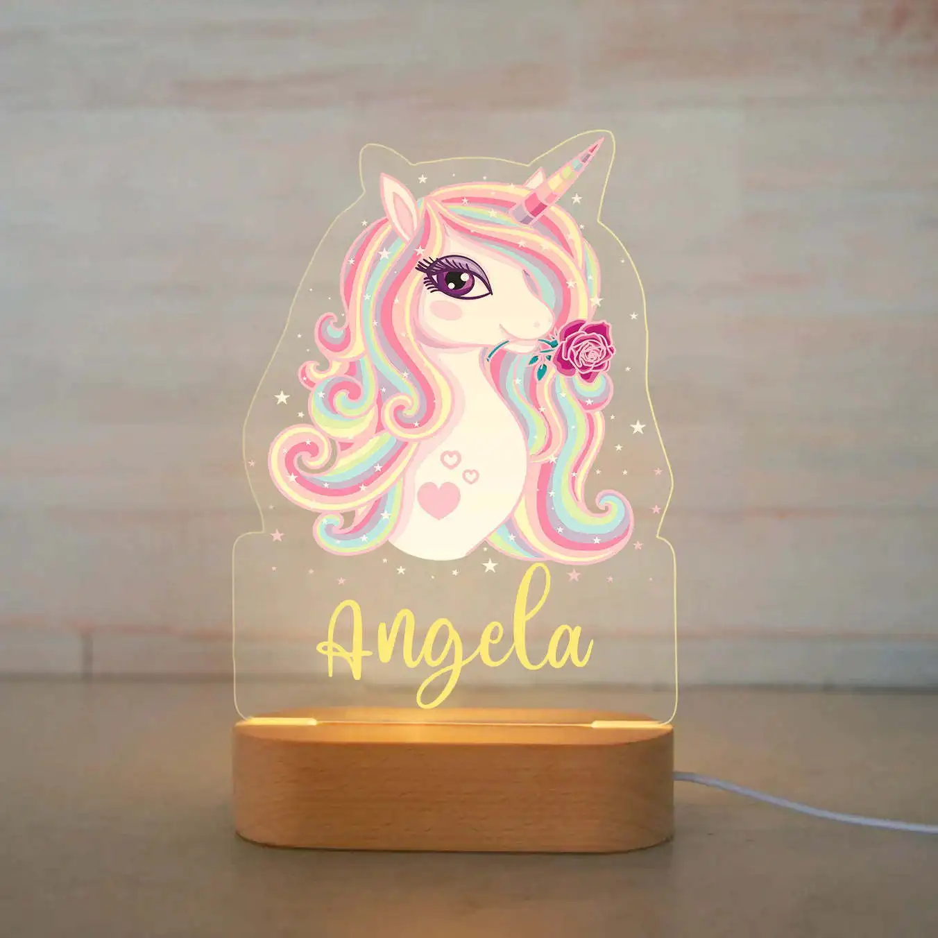 Colorful printing 3D creative kids light customize animals warm white wooden base acrylic led night light with usb charge