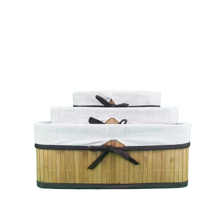 Good selling and cheap set 3 real natural bamboo home storage basket bamboo basket with liner