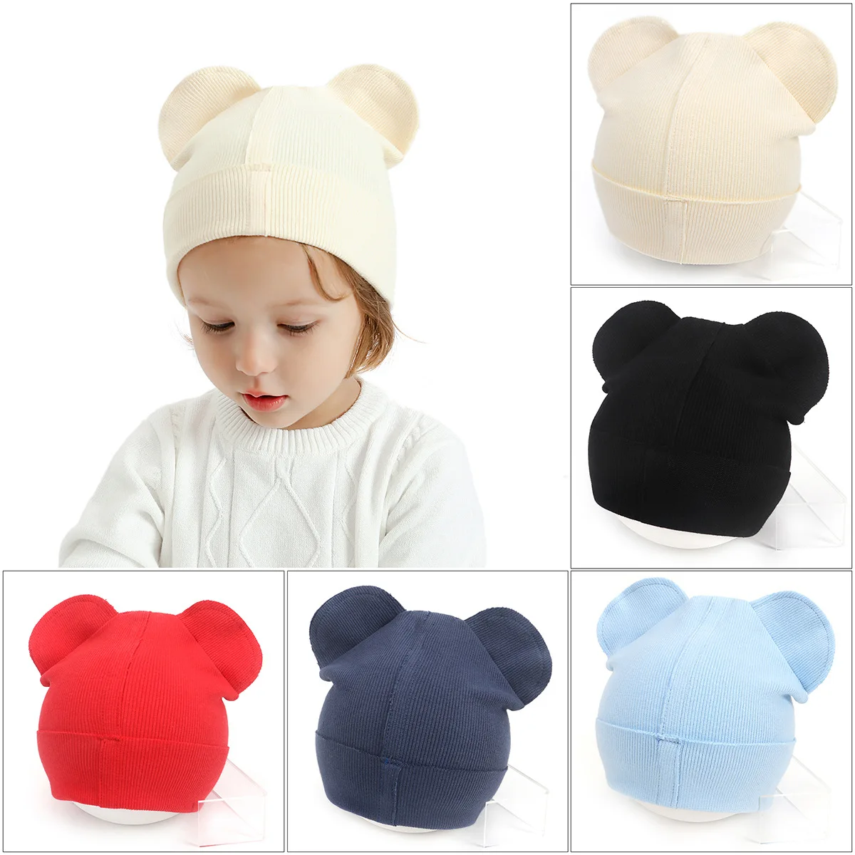 Newborn baby ribbed cotton glove hat set bear shaped infant hats for boys
