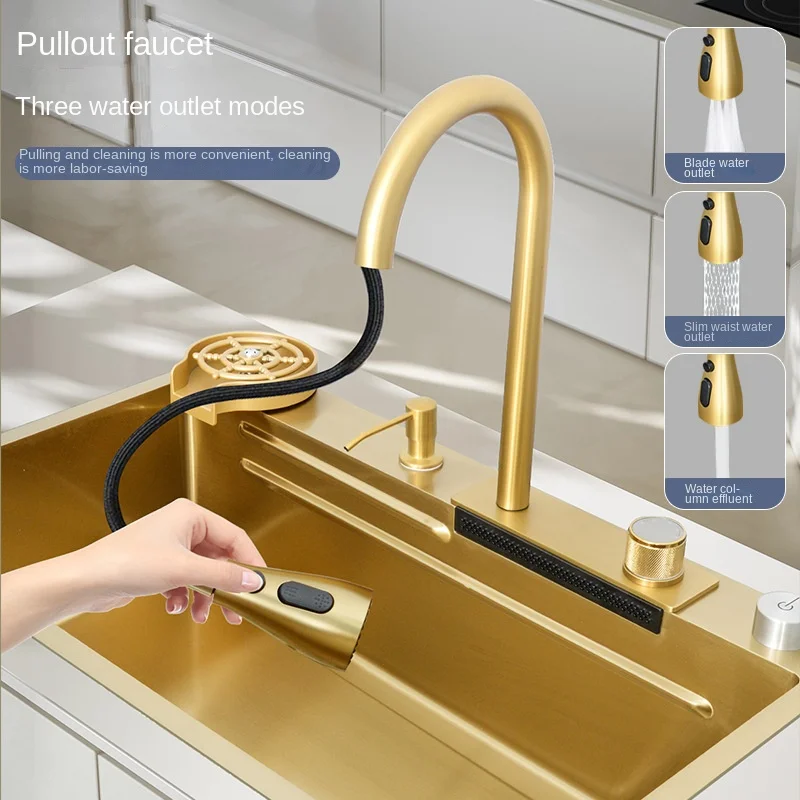 80 * 45cm gold 304 stainless steel kitchen accessories Feiyu waterfall sink large single slot dining table under the table